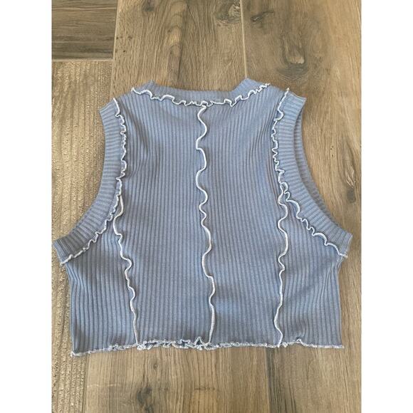 Storia Women’s Cropped Blue Ribbed Top with Ruffles Small - Picture 3 of 3